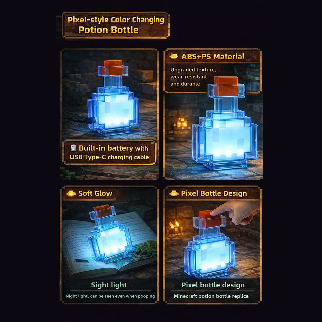 PixelPotion Glow Bottle Night Light - Color-Changing Pixel Bottle Lamp with USB-C Recharge