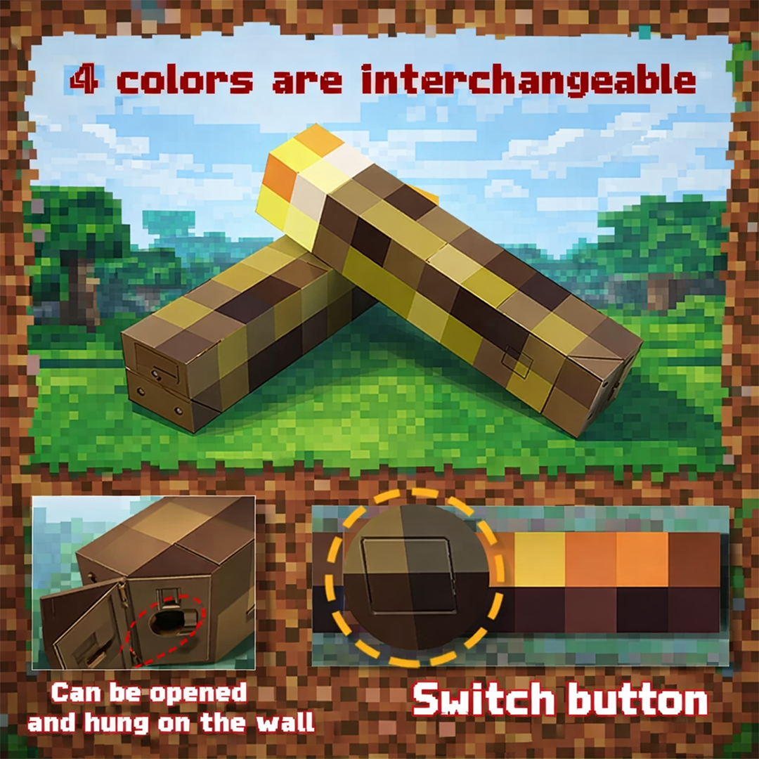 Pixel-Style Brownstone Torch LED Night Light - 4-Color Interchangeable Ambient Lamp with Wall Mount & USB Rechargeable Battery